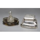 A silver mounted inkwell and a silver mounted inkstand with glass bottle and stopper.