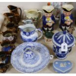A collection of lustre jugs, a Jasperware lidded pot and another etc.