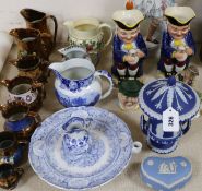 A collection of lustre jugs, a Jasperware lidded pot and another etc.