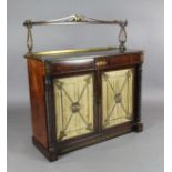 A Regency brass inset rosewood chiffonier, with single raised shelf supported by cast ormolu lyre