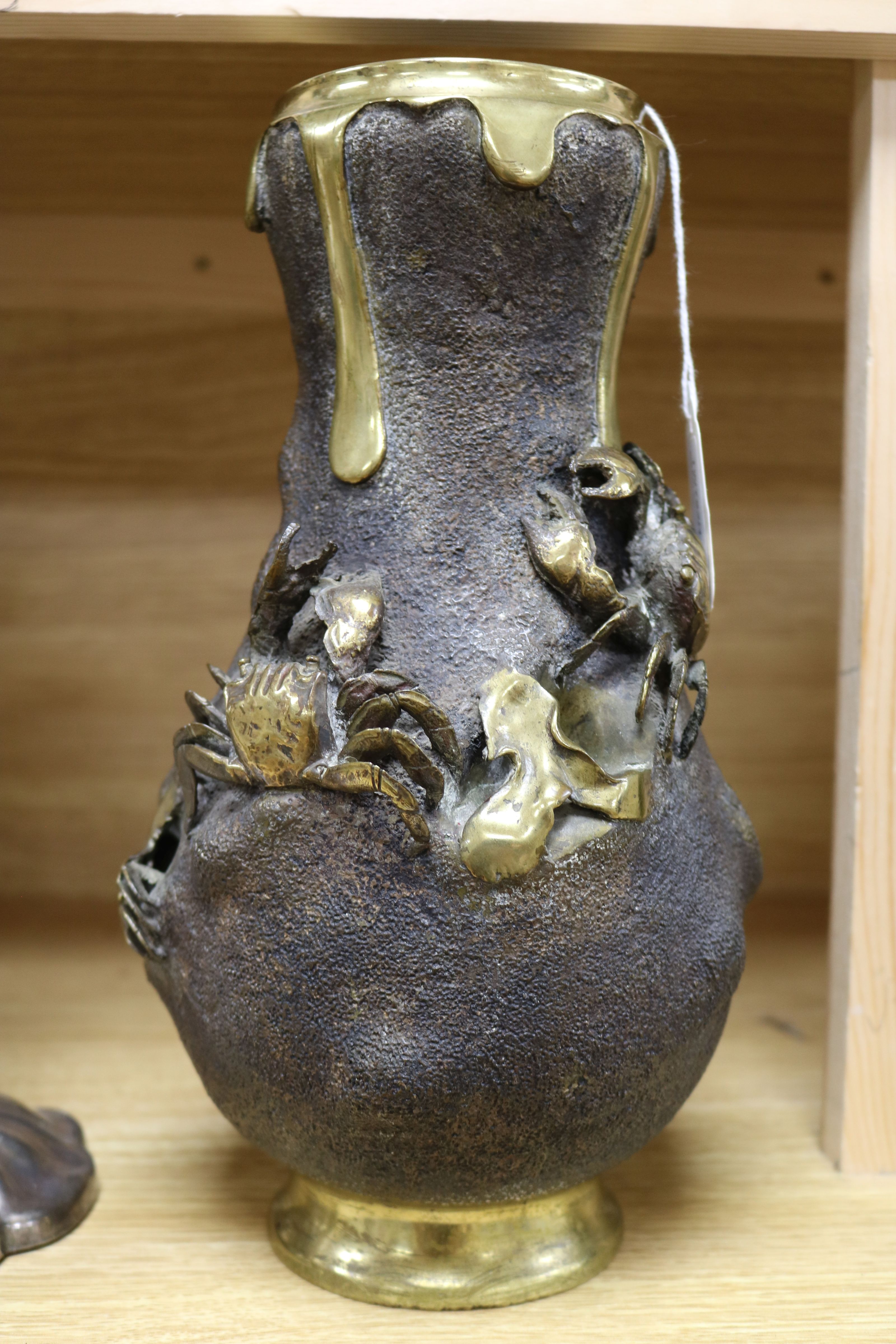 A Japanese Meiji period bronze vase of shaped ovoid form, applied with crabs and weed and having - Image 2 of 5