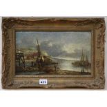 19th century English School, oil on board, Fishing boats along the coast, 18 x 31cm