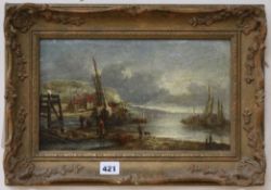 19th century English School, oil on board, Fishing boats along the coast, 18 x 31cm