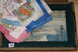 Six Victorian and Edwardian commemorative printed scarves and a 'doodlebug' tray.