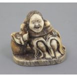 A Japanese ivory netsuke of Shojo, Meiji period, signed Ryumin, seated, resting on a barrel, h. 3.