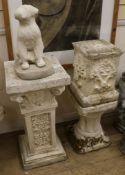 Three reconstituted stone pedestals and a model of a puppy (4) W.30, 25cm, 24cm and 18cm