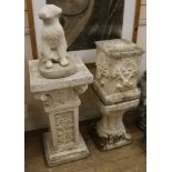 Three reconstituted stone pedestals and a model of a puppy (4) W.30, 25cm, 24cm and 18cm