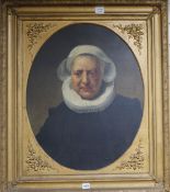 After Rembrandt, oil on canvas, Portrait of a lady with a ruff, oval 66 x 52cm