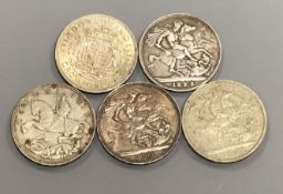 Five crowns, 1893 (worn), 1902 edge worn, otherwise EF, 1935, 1937 and 1951