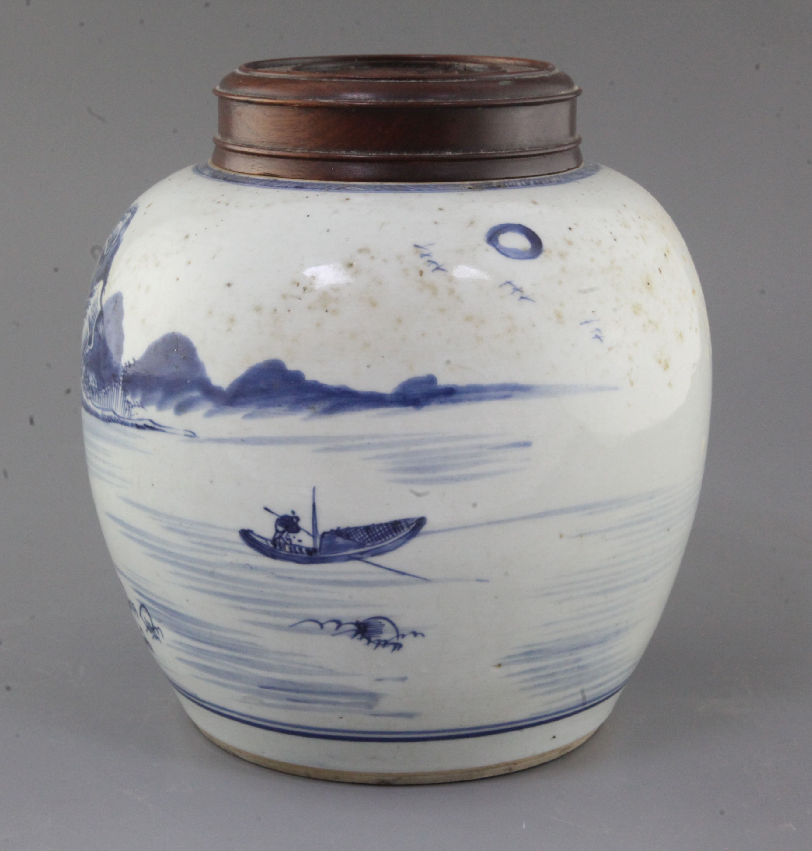 A Chinese blue and white ovoid jar, 18th century, painted with sages in a river landscape scene with - Image 2 of 11