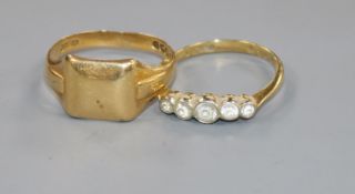 An 18ct gold signet ring and an 18ct gold and five stone ring.