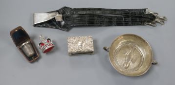 A white metal 'crown' pin cushion, a silver matchbox holder and three other items.