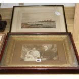 A framed Edwardian family photograph and a print of Lambeth from Millbank