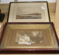 A framed Edwardian family photograph and a print of Lambeth from Millbank