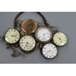 Three silver pocket watches, one gold plated pocket watch and two others.