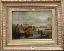 19th century English School, oil on board, Shipping in harbour, 24 x 33cm