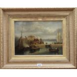 19th century English School, oil on board, Shipping in harbour, 24 x 33cm