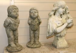 Two reconstituted stone figures of a girl and a boy, and another of a girl with a mandolin (3)
