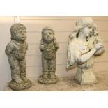 Two reconstituted stone figures of a girl and a boy, and another of a girl with a mandolin (3)