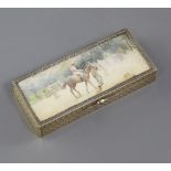 A French engine-turned silver-gilt rectangular box inset a racing scene watercolour, inscribed