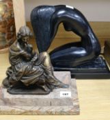 A bronzed metal figure of a young pensive seated lady, and a bronzed figure of a crouching girl
