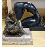 A bronzed metal figure of a young pensive seated lady, and a bronzed figure of a crouching girl