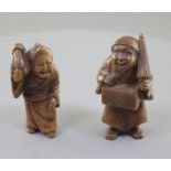Two Japanese wood netsuke, 19th century, the first of a stooping old woman with pained expression,