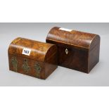 A George III dome top burr yew tea caddy and a later walnut caddy