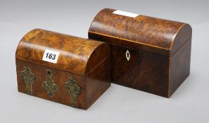 A George III dome top burr yew tea caddy and a later walnut caddy