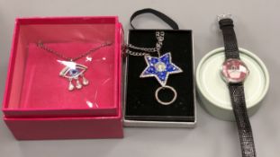 Two Butler & Wilson pendant necklaces, a Pandora bracelet and a Radley watch.