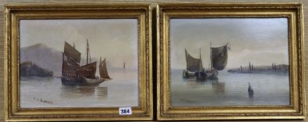 Edward King Redmore (1860-1941), pair of oils on board, fishing boats at sea, signed, 23 x 30cm.