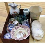 A Goebels dog, Imari dishes, vase etc