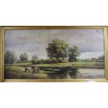 M. Parker, oil on canvas, cattle beside a river, signed, 45 x 90cm.