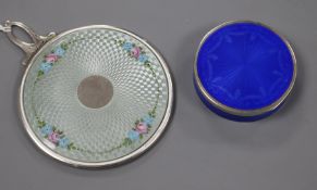 A Norwegian 930s and guilloche enamel pill box and a white metal and guilloche enamel handbag