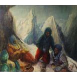 J.Alcock, oil on canvas, Mountaineers resting at high altitude, signed 63 x 76cm.