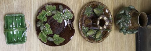 A Rye pottery candle holder, vase, dish and miniature trug.