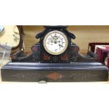 A French black slate and marble mantel clock with visible brocot escapement length 54cm