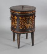 A late 18th century Dutch mahogany and marquetry cellaret, of cylindrical form, with floral