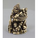 A Japanese ivory netsuke of Bishamon Ten, Meiji period, standing and holding a miniature of the Gods