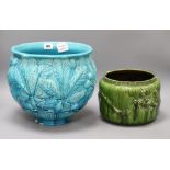 A blue Burmantofts jardiniere and a smaller Bretby green jardiniere tallest 25cm
