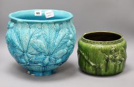 A blue Burmantofts jardiniere and a smaller Bretby green jardiniere tallest 25cm