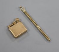 A small 1930's engine turned 9ct gold mounted lighter and a let 9ct gold swizzle stick.