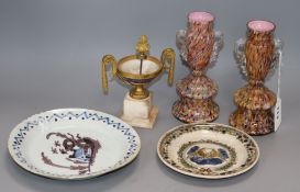 Two pottery plates, an urn and two glass vases