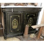 A late 19th century French brass inlaid ebonised marble top side cabinet W.125cm