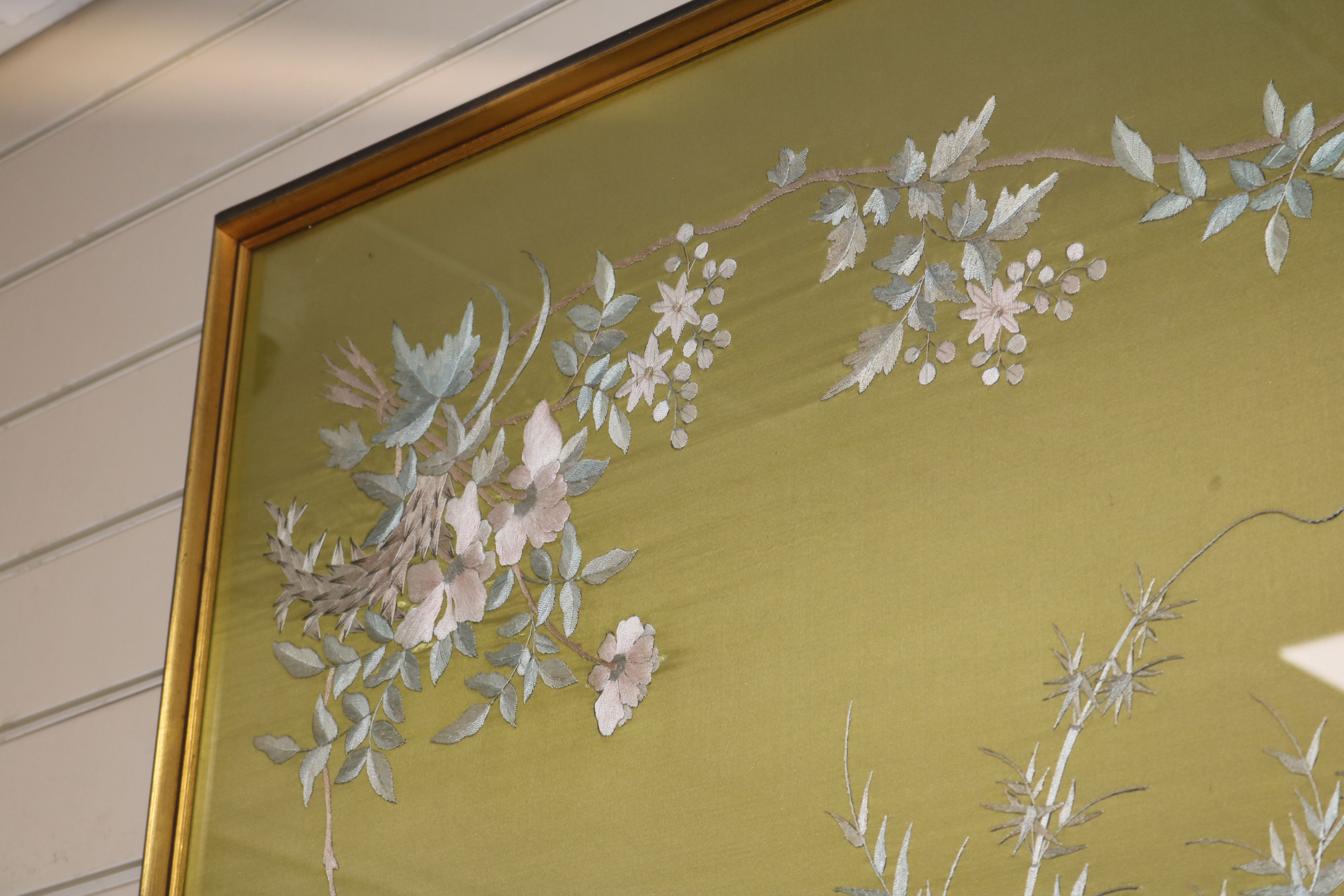 A large Chinese embroidered silk bird panel, circa 1900 approx. 120cm sq. excl. frame - Image 6 of 7