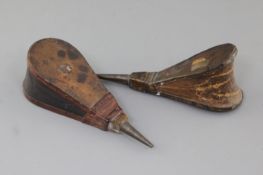 A pair of 18th century treen, leather and brass wig powdering bellows, with labels for E. Pinto