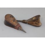 A pair of 18th century treen, leather and brass wig powdering bellows, with labels for E. Pinto