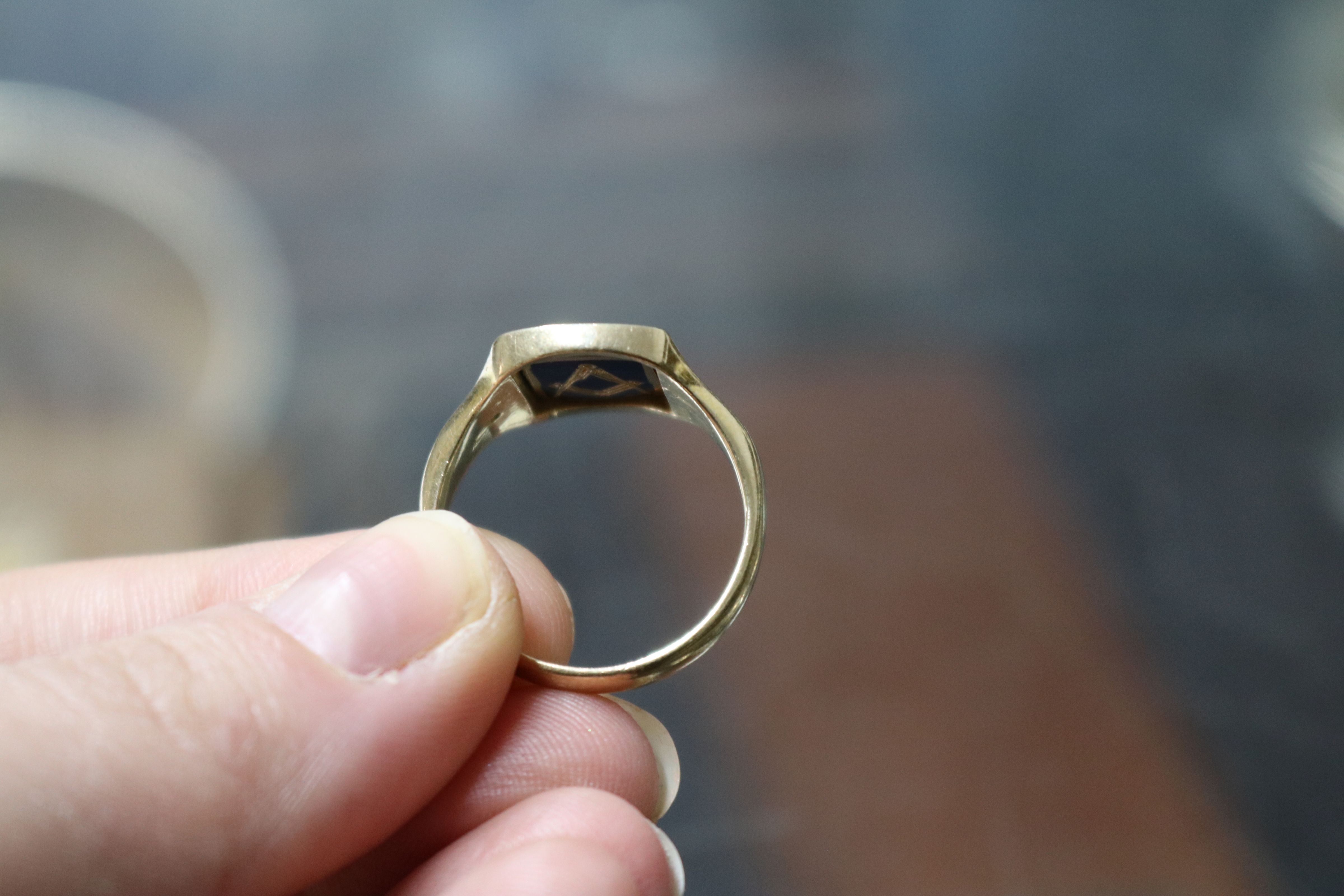 A 9ct gold and enamel masonic swivel head signet ring, engraved with monogram, size R. - Image 4 of 5