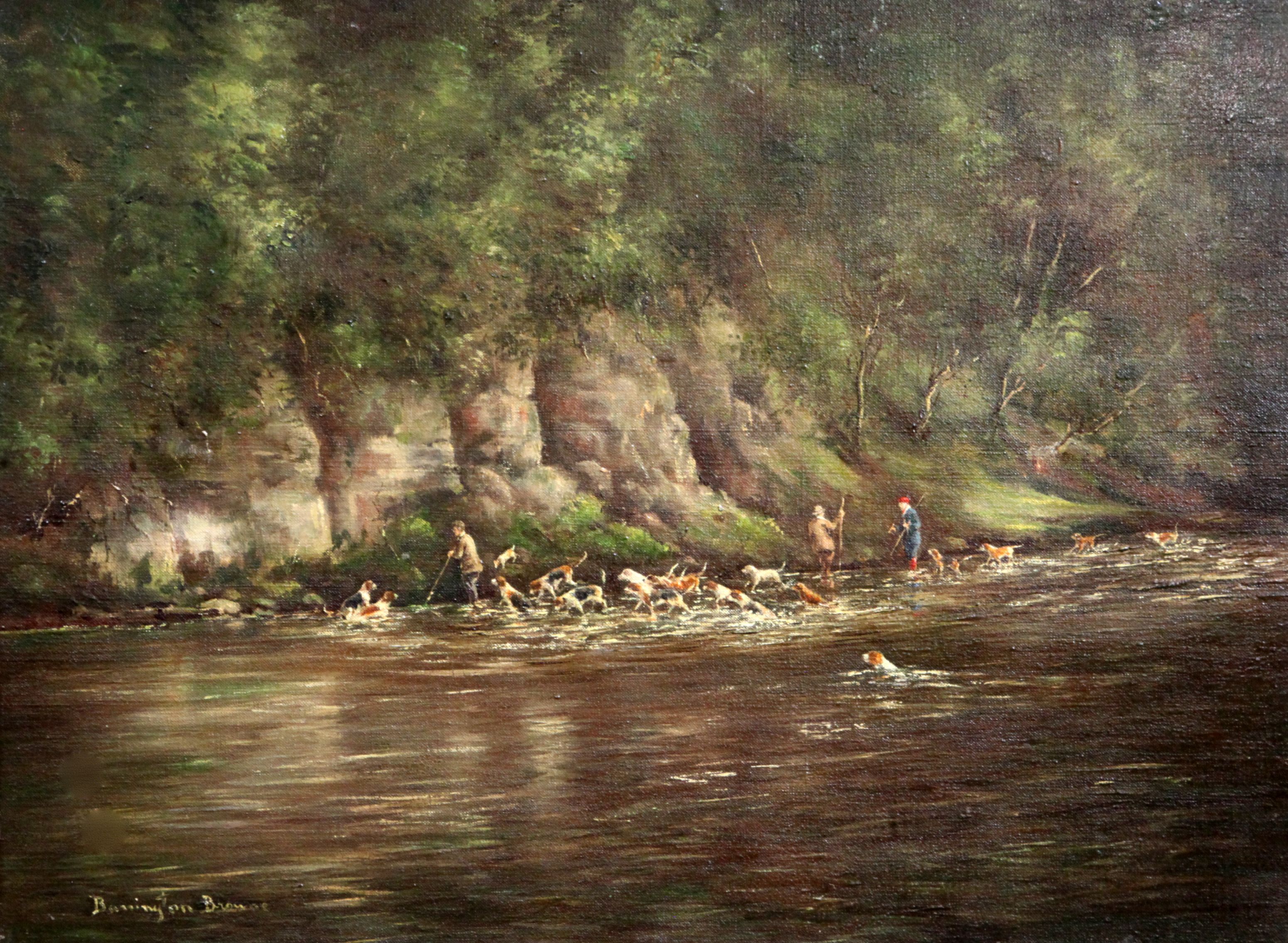 § William Ellis Barrington Browne (1908-1985)oil on canvasOtter hounds on the River Wyesigned18 x