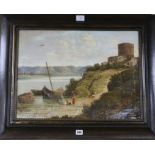 19th century English School, oil on canvas, River landscape with a martello tower, 42 x 56cm